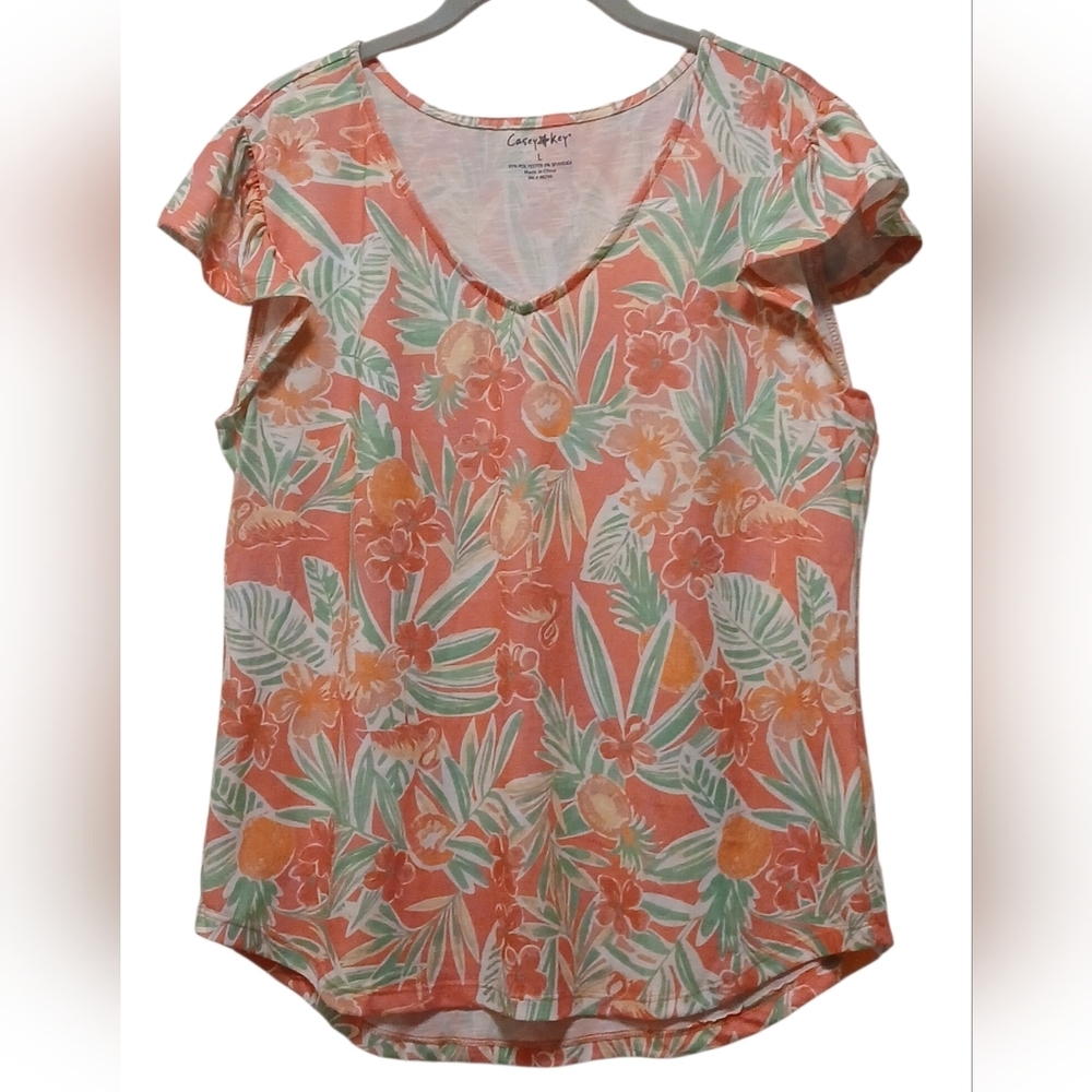 Casey Key - NWOT, Multi Colored Floral Blouse, Flutter Sleeves, V-Neck, Stretch, - Picture 6 of 7